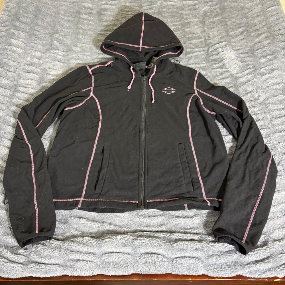 Harley-Davidson Womens XL Black Pink Contrast Stitch Full Zip Removable Hoodie